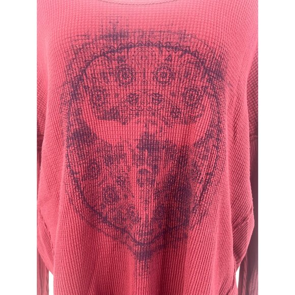 Free People Burgundy Graphic Bull Print Waffle Knit Thermal Top M | Western Boho - Picture 3 of 11